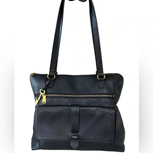 Fossil Kinley Cowhide Black Pebbled Leather Shopper Bag - Picture 1 of 16